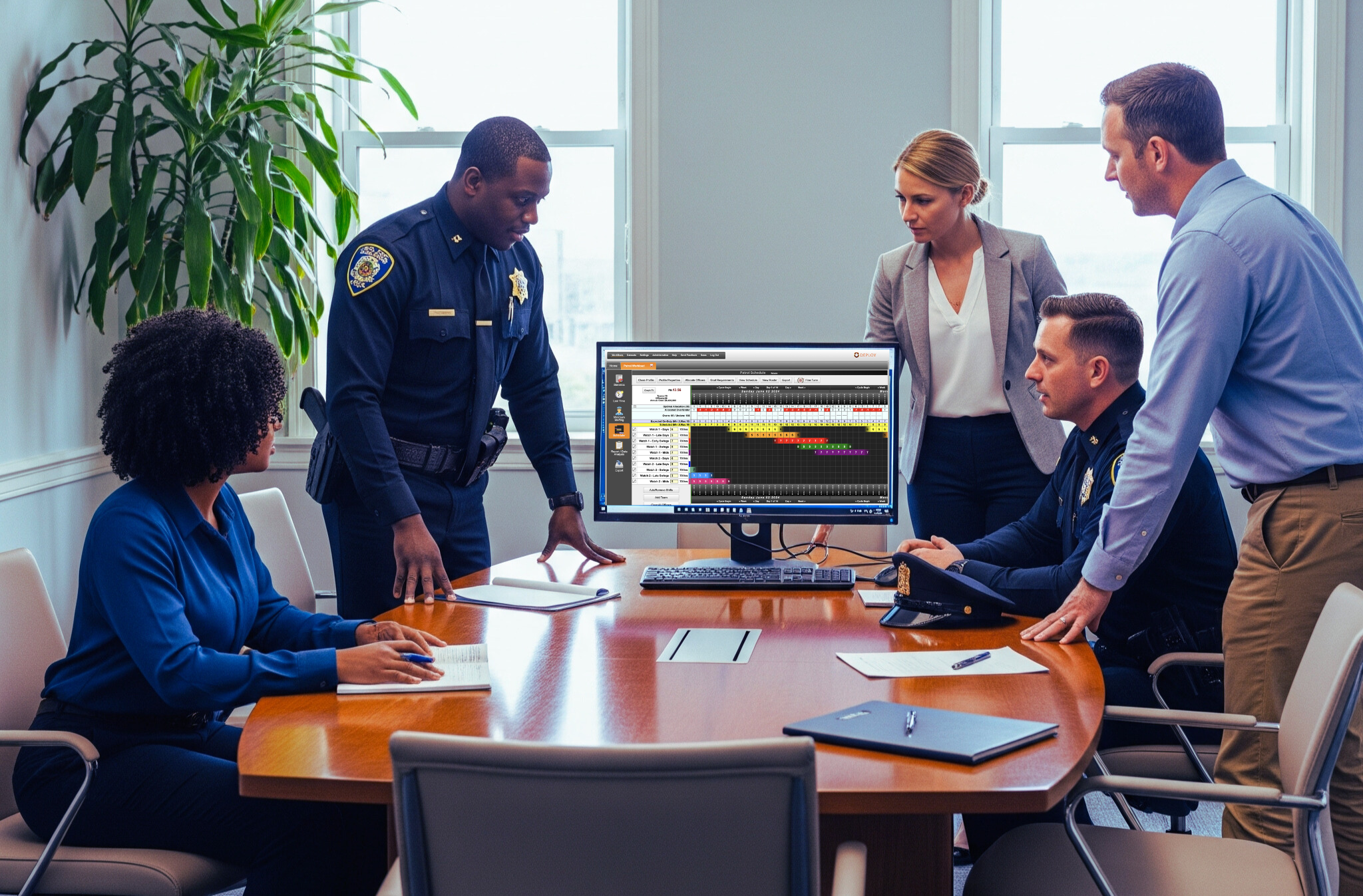law enforcement command staff discussing optimal schedule options using deploy
